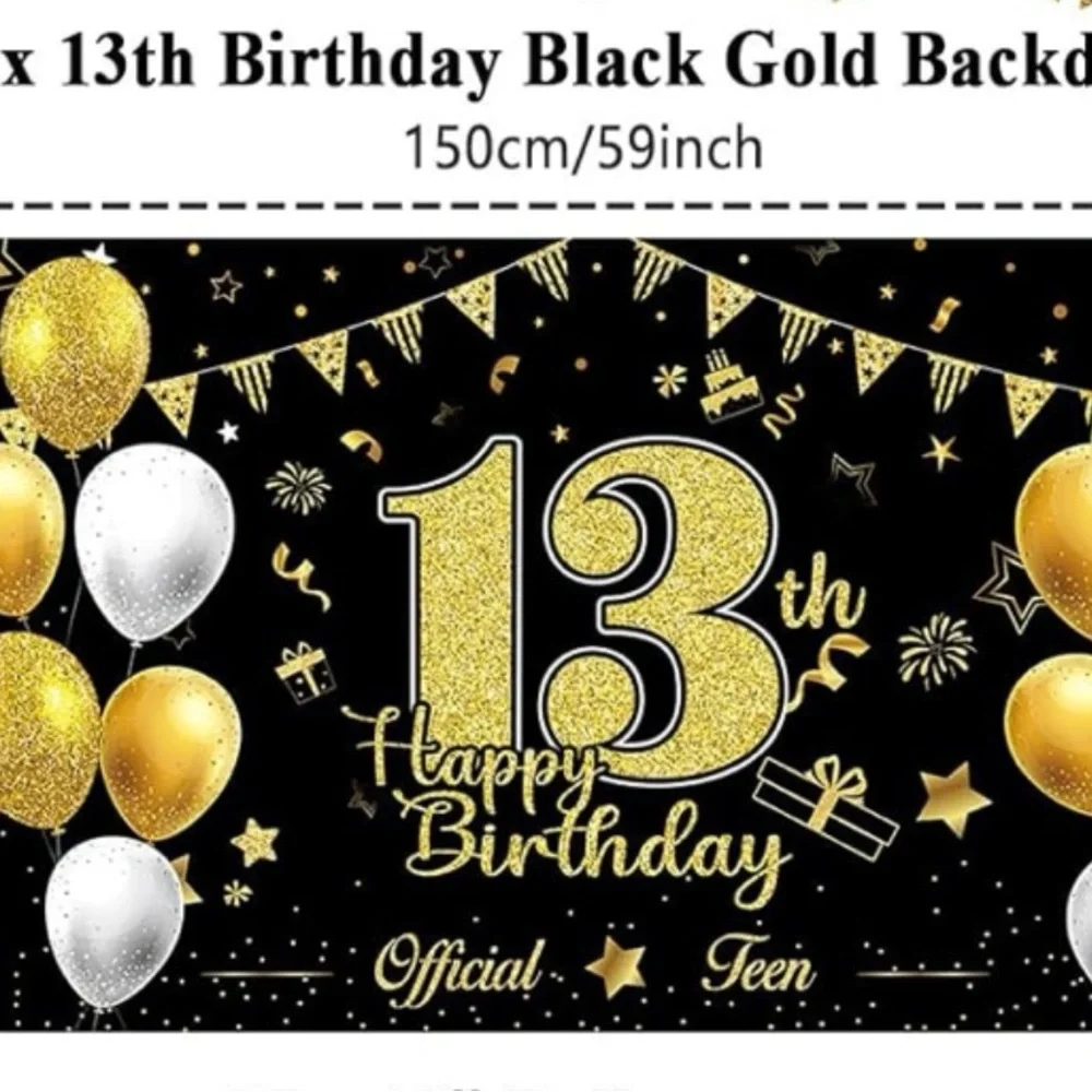 13 th birthday banner only Black and Gold Birthday Backdrop